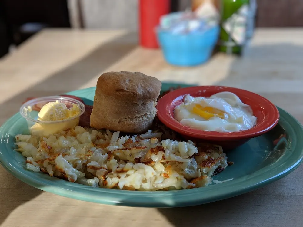 Poached Eggs and Bacon Biscuit and Hash Browns
